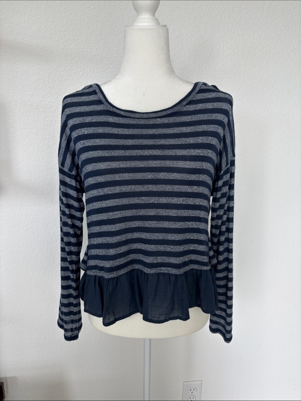EM Everyday Mary Navy Blue Striped Knit Peplum with High-Low Ruffle